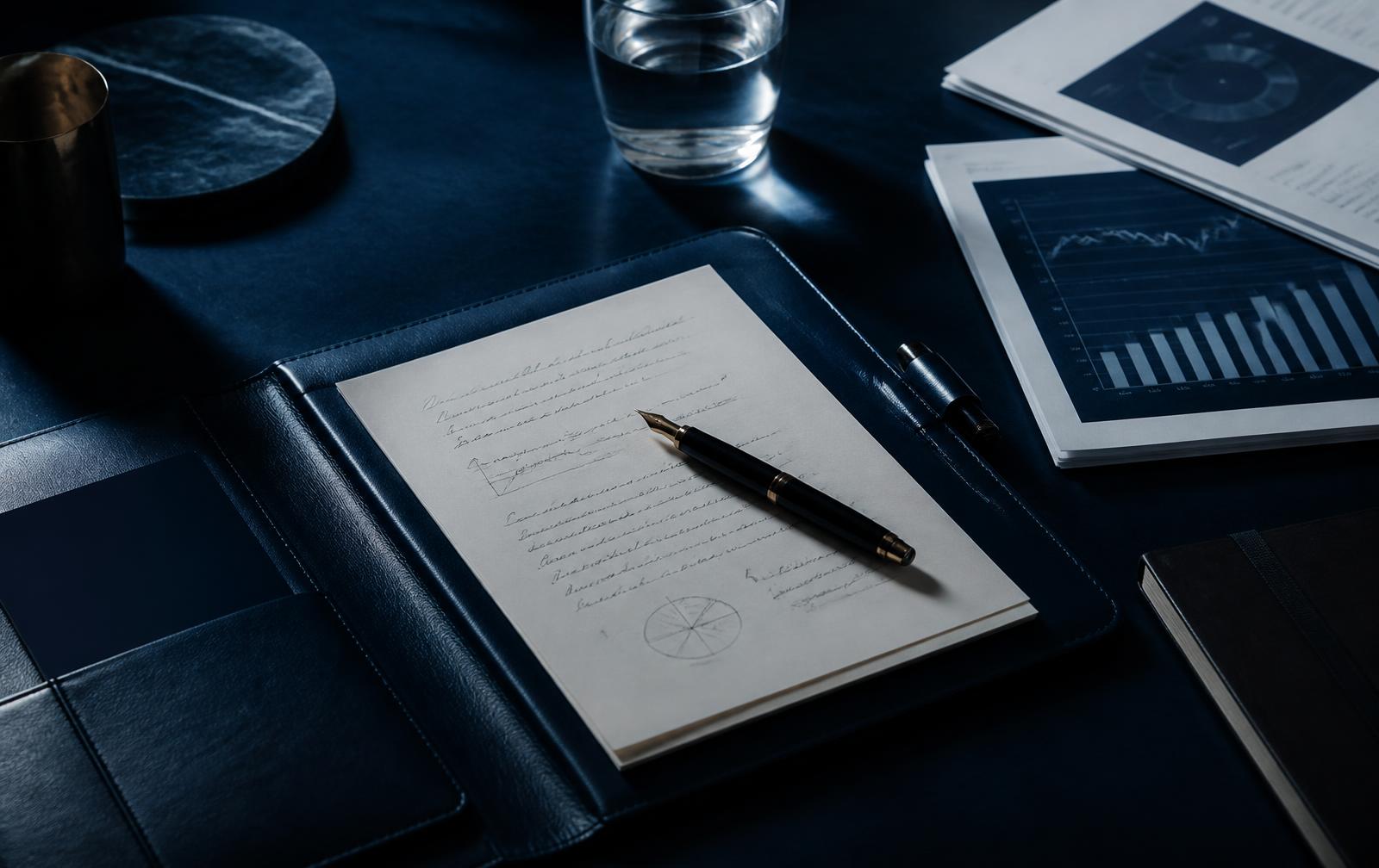 Documents reviewed on a marble desk