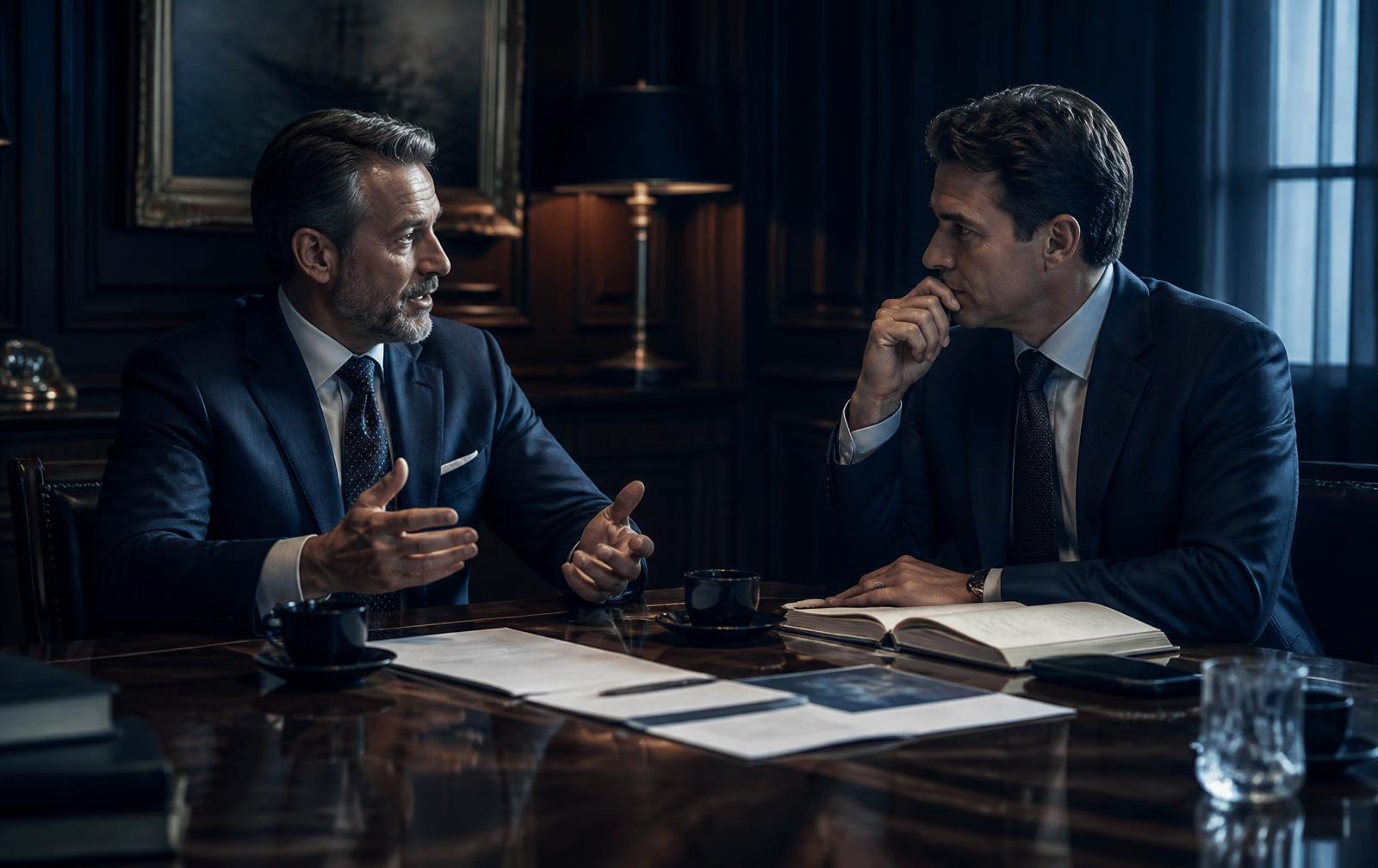 Business consulting conversation in a refined private lounge